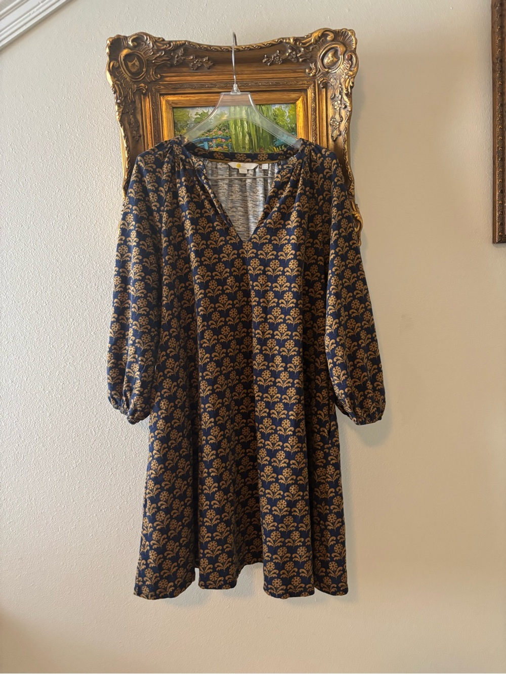 Boden Navy Golden Fleur V-Neck Long Sleeve Dress